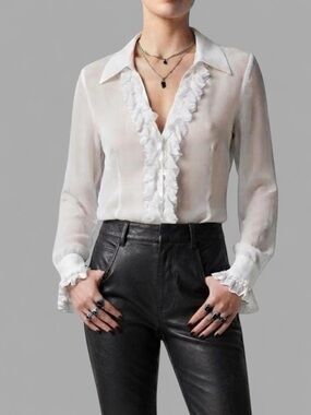 Bellisimo White Ruffle Petal Trim Long Sleeve Button Down Shirt Blouse Top LG